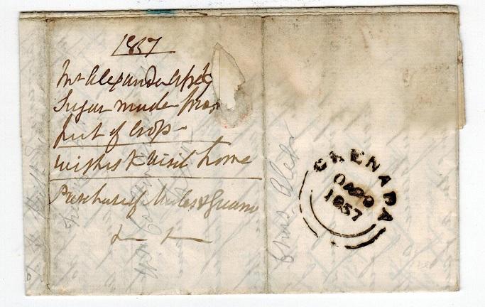 GRENADA - 1857 stampless entire to UK cancelled GRENADA.