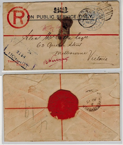 TASMANIA - 1898 ON PUBLIC SERVICE ONLY registered cover struck TASMANIA FRANK STAMP.