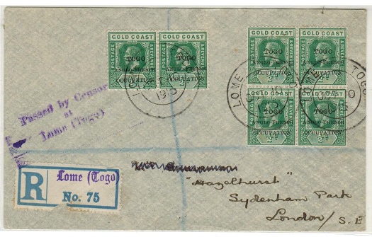 TOGO - 1915 3d rate (1/2d x6) registered censor cover to UK used at LOME.
