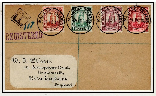 MALDIVE ISLANDS - 1910 registered cover to UK bearing the 1909 set of four tied MALDIVE ISLANDS.