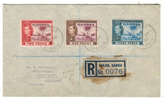 GAMBIA - 1951 6d rate registered cover to UK used at GUNJUR.