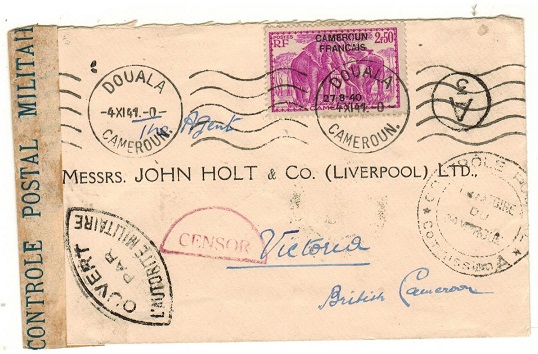 CAMEROONS - 1941 inward French Cameroons censored cover to Victoria with moon censor h/s applied.