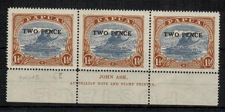 PAPUA - 1931 TWO PENCE on 1 1/2d mint JOHN ASH mint imprint strip of three.  SG 122.