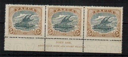 PAPUA - 1931 5d bluish slate and pale brown mint JOHN ASH imprint strip of three.  SG 100.