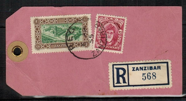 ZANZIBAR - 1955 1s/25c rate registered pink used 
