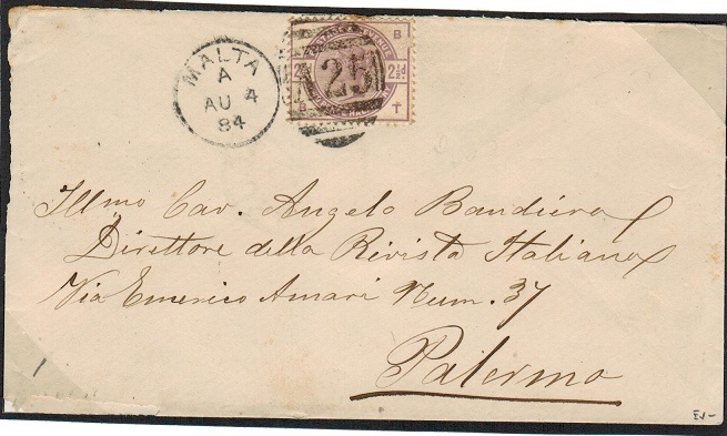 MALTA - 1884 2 1/2d rate cover to Italy.