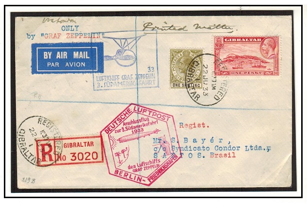 GIBRALTAR - 1933 GRAF ZEPPELIN registered cover to Brazil.