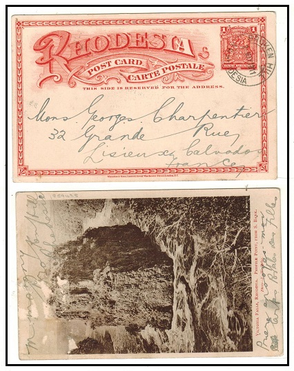 RHODESIA - 1899 1d brick red illustrated PSC to France used at LIVINGSTONE/N.W.RHODESIA.