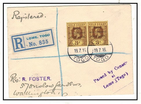 TOGO - 1916 6d rate registered censor cover to UK used at LOME.