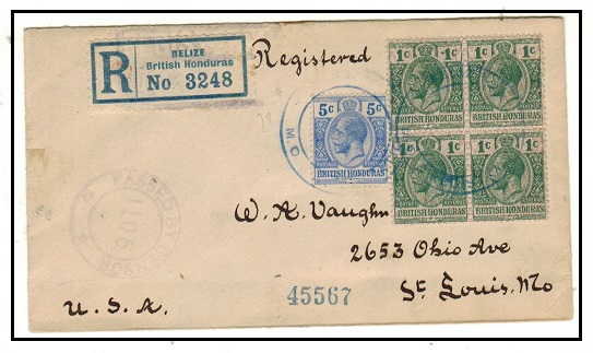 BRITISH HONDURAS - 1919 9c rate registered (security screened) cover to USA.