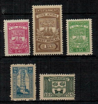 INDIA - 1950-70 range of 5 ENTERTAINMENT TAX stamps mint from Bengal,Maharashtra and Rajastan.