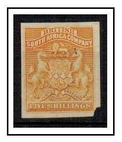 RHODESIA - 1892 5/- IMPERFORATE PLATE PROOF printed in orange-yellow.
