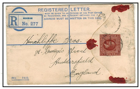 GOLD COAST - 1915 2d+1d brown RPSE to UK used at NSAWAN.  H&G 9a.