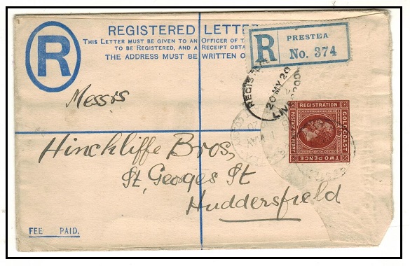 GOLD COAST - 1915 2d+1d brown RPSE to UK used at PRESTEA.  H&G 9a.