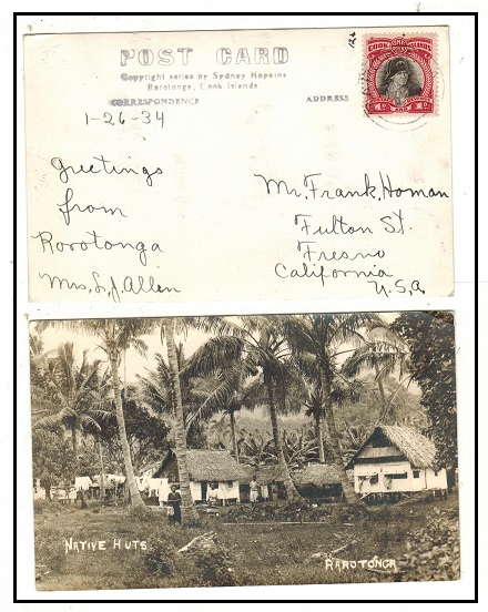 COOK ISLANDS - 1934 1d rate postcard to USA used at RAROTONGA.