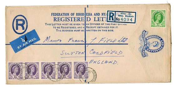 RHODESIA AND NYASALAND - 1959 use of 4d blue RPSE (size H2) to UK used at KITWE.  H&G 1a.