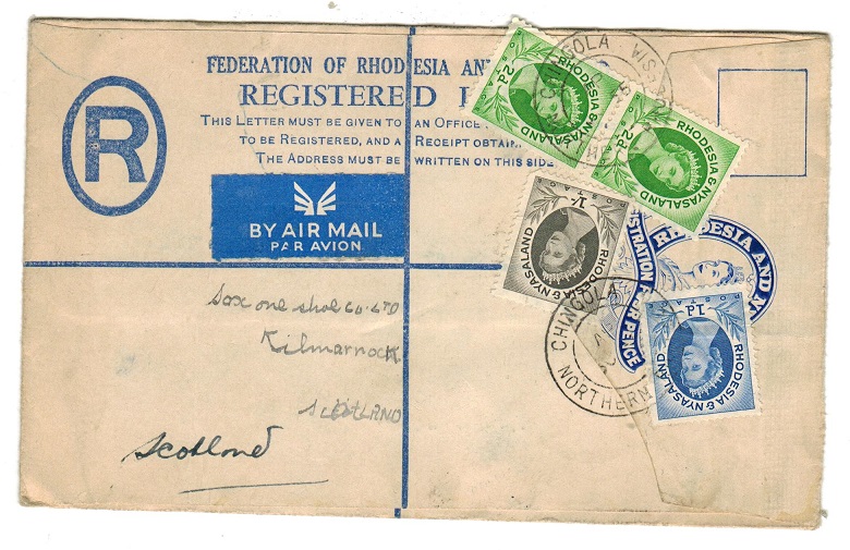 RHODESIA AND NYASALAND - 1955 4d blue RPSE (size G) to UK used at CHINGOLA.  H&G 1.