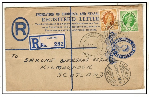 RHODESIA AND NYASALAND - 1955 4d blue RPSE (size G) to UK used at KASUNGA.  H&G 1.