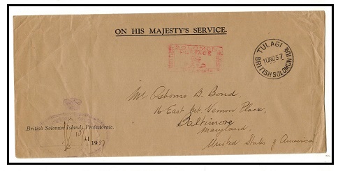 SOLOMON ISLANDS - 1937 OHMS to USA from TULAGI with POSTAGE/PAID h/s in red.