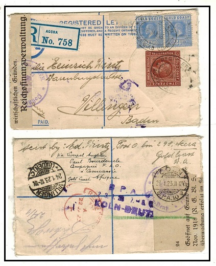 GOLD COAST - 1915 2d+1d brown uprated RPSE to Germany used at ACCRA with OPENED/FINANCE label.