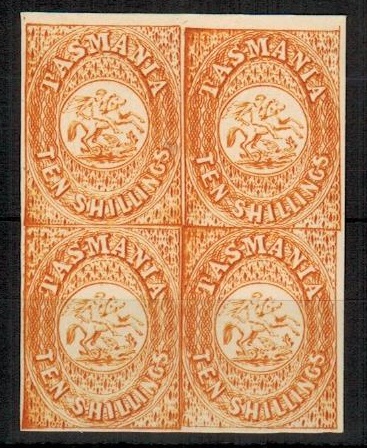 TASMANIA - 1879 10/- POSTAL FISCAL block of four REPRINT in orange.