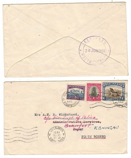 NORTH BORNEO - 1951 inward cover to Papar with scarce KENINGAU/NORTH BORNEO b/s.