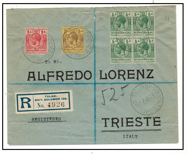 SOLOMON ISLANDS - 1924 6d rate registered cover to Italy used at TULAGI.