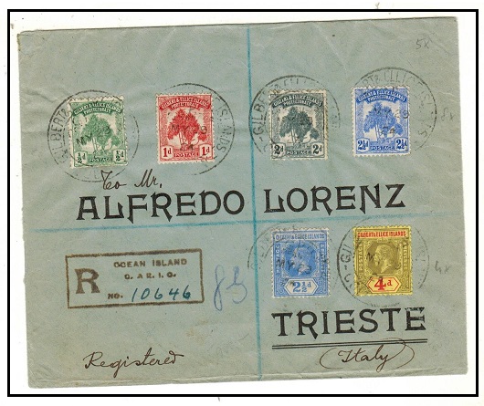 GILBERT AND ELLICE IS - 1924 multi franked registered cover to Italy including 