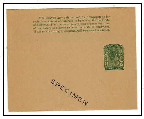 TRINIDAD AND TOBAGO - 1937 1c green postal stationery wrapper unused SPECIMEN.  H&G 4.