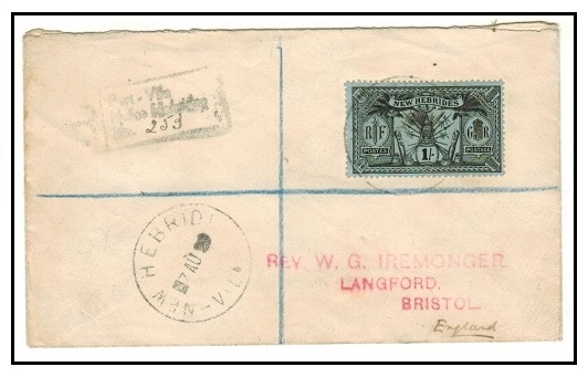 NEW HEBRIDES - 1929 1/- rate registered cover to UK used at VILA.