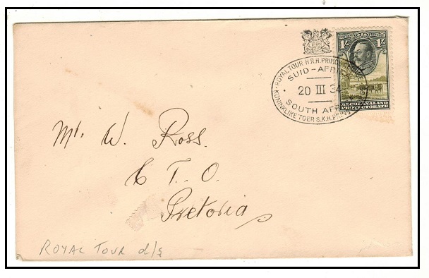 BECHUANALAND - 1934 1/- rate cover to Pretoria taken on the ROYAL TOUR train.