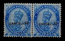 INDIA - 1913 2a6p ultramarine mint pair struck CANCELLED.  SG 171.