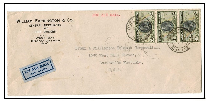 CAYMAN ISLANDS - 1938 9d commercial rate cover to USA used at WEST BAY/GRAND CAYMAN.