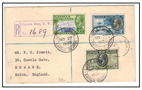 CAYMAN ISLANDS - 1935 6d rate registered cover to UK used at LITTLE CAYMAN/GRAND CAYMAN.