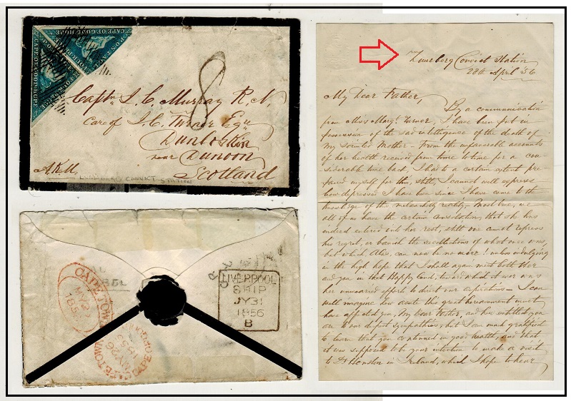 CAPE OF GOOD HOPE - 1856 8d rate cover to UK from the Zuidberg Convict Station.