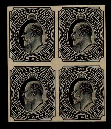 INDIA - 1902 4a IMPERFORATE PLATE PROOF block of four. 