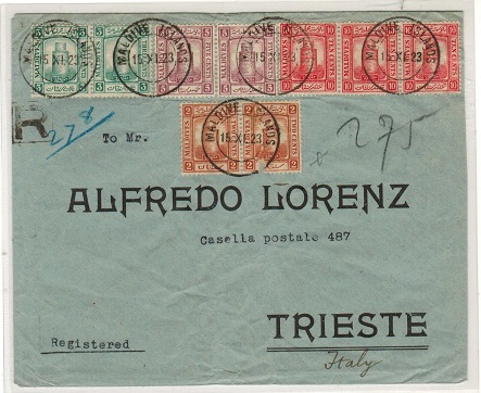 MALDIVE ISLANDS - 1923 registered multi franked cover to Italy.
