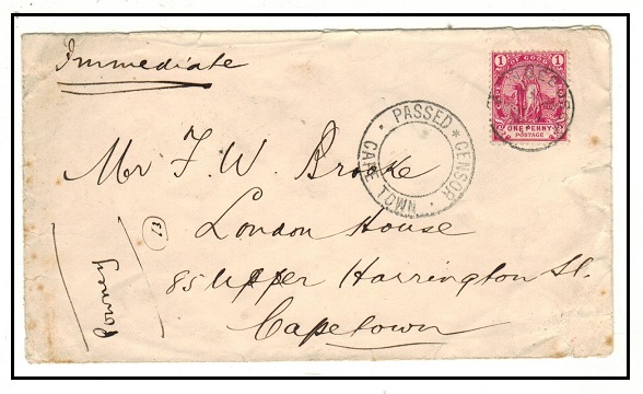 CAPE OF GOOD HOPE - 1902 1d rate cover used at ENDEBOSCH with PASSED CENSOR/CAPETOWN h/s.