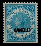 INDIA - 1865 1a blue INDIAN CUSTOMS adhesive fine mint struck CANCELLED.