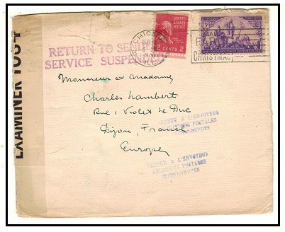 BERMUDA - 1940 USA to France cover held at Bermuda and struck SERVICE SUSPENDED.