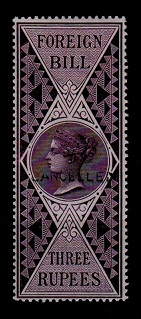 INDIA - 1861 3r purple mint FOREIGN BILL adhesive struck CANCELLED.