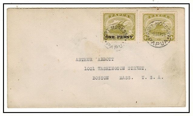 PAPUA - 1919 1d/4d surcharge and 4d adhesives on cover to USA used at PORT MORESBY.