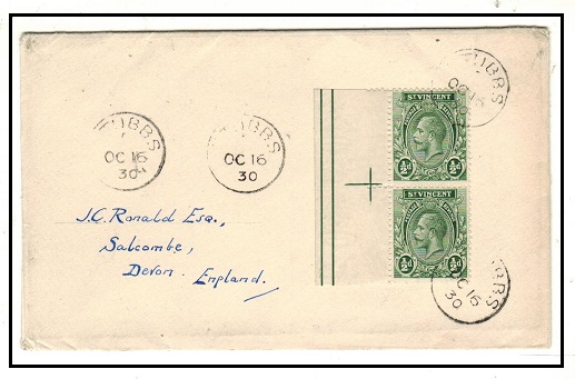 ST.VINCENT - 1930 1d rate cover to UK used at STUBBS.