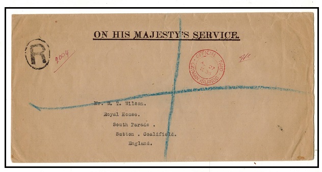 CAYMAN ISLANDS - 1935 OHMS cover to UK struck by red 