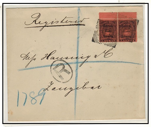 BRITISH EAST AFRICA - 1895 3a (x2) on registered cover to Zanzibar used at MOMBASA.