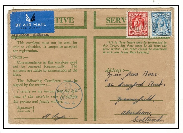 TRANSJORDAN - 1940 use of ACTIVE SERVICE honour envelope to UK censored by RAF from AMMAN.