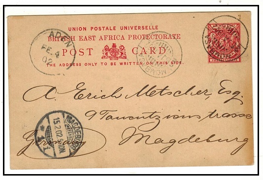 BRITISH EAST AFRICA - 1896 1a carmine PSC to Germany used at Mombasa.  H&G 8.