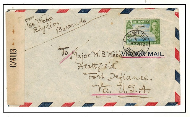 BERMUDA - 1943 7 1/2d rate censored cover to USA.