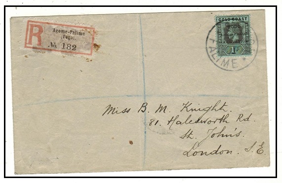 TOGO - 1915 1/- rate registered cover to UK used at STATION PALIME.