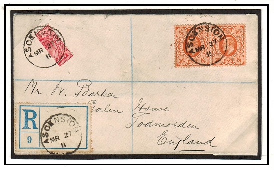 ASCENSION - 1911 registered cover to UK with GB 4d pair and 